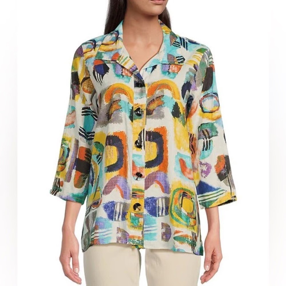 Ali Miles Linen Cotton Geometrical Woven Collar Button Up Shirt Art to Wear 3X